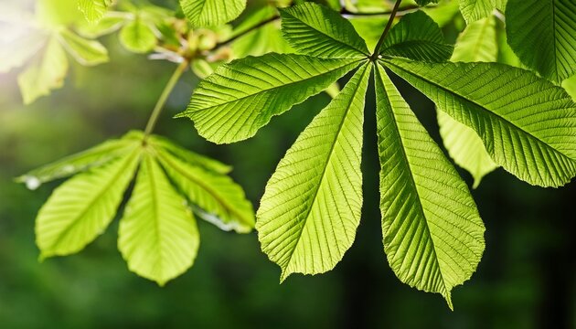 horse chestnut aesculus hippocastanum spring leaves closeup selective focus