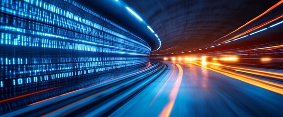 Digital Data Stream Visualized in a Futuristic Tunnel with Modern Lighting Design