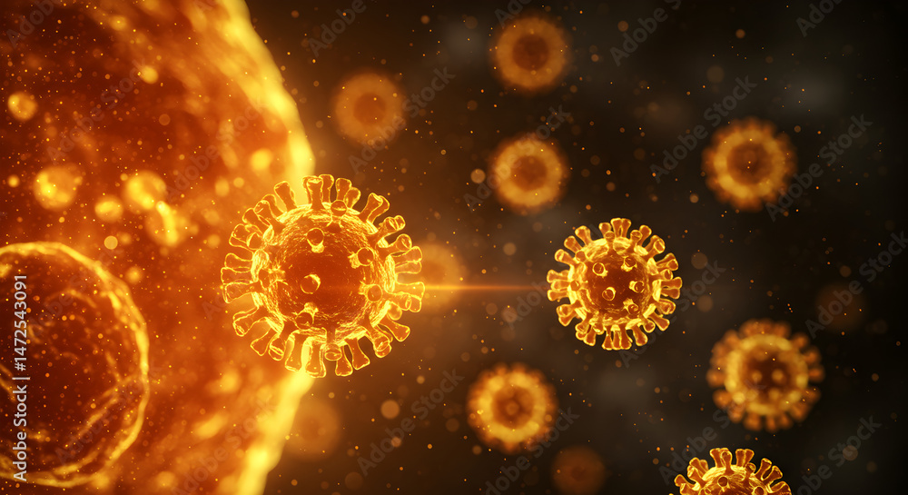 Aufkleber detailed 3d rendering of bright orange virus cells on dark background showing microscopic view and s