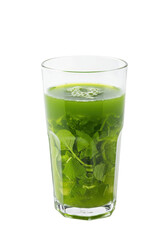 Refreshing green drink filled with vibrant leaves in a clear glass