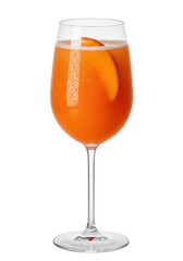 Elegant stemmed glass filled with orange liquid and peach slice garnish, on a black background