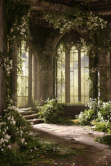 Fototapeta premium Inside view of abandoned palace. Ceiling, walls and floor covered with lush vegetation.