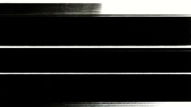 Abstract composition of thick, horizontal black bands with diverse textures&mdash;smears, grain, and static&mdash;on a white field