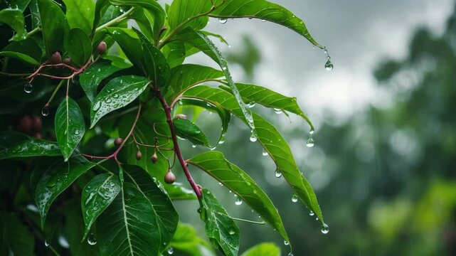 Leaves of the passion fruit plant with rain or dew drops