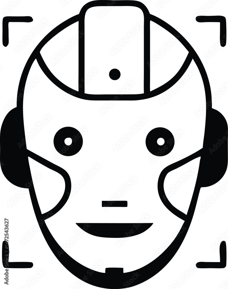 Poster simple black silhouette design of a robot head with face scan lines vector