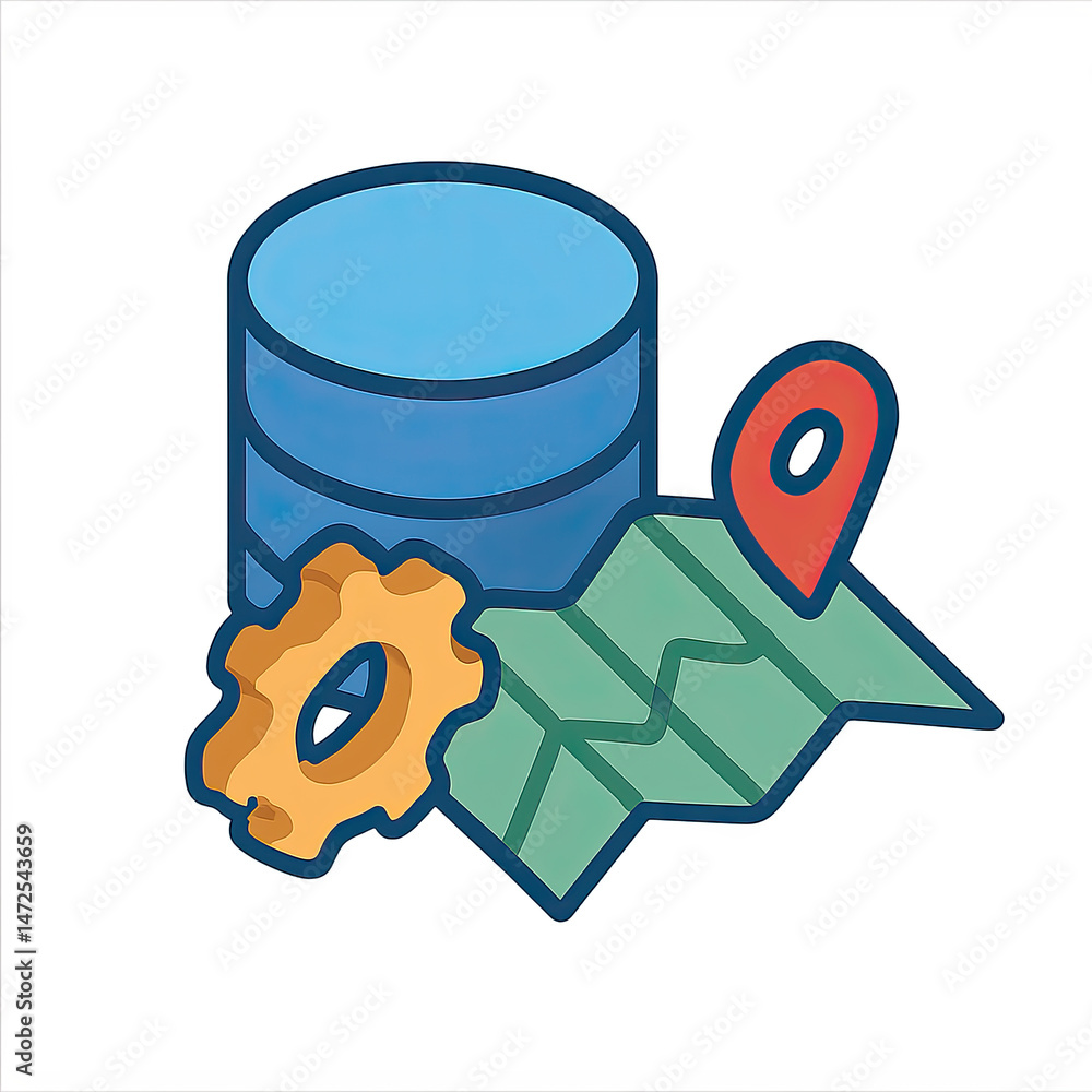 Poster database management system with location pin and gear signifying technical support and location serv