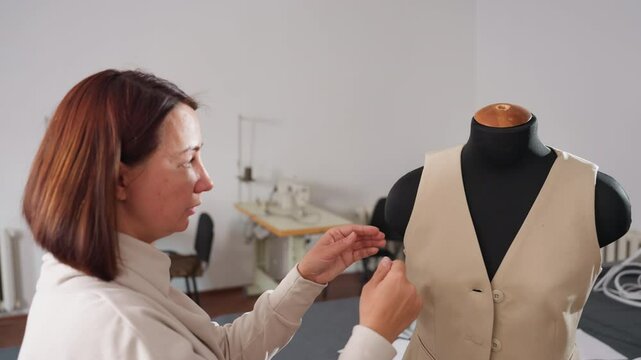 Costumer opens beige sleeveless blazer placed on black mannequin, begins to take out garment for inspection or next step in tailoring process inside professional fashion workshop