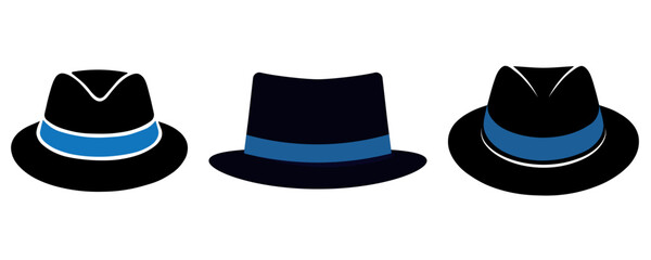 Stylish Black Fedora Hats with Blue Bands – Vector Set of Classic Mens Vintage Headwear for Father’s Day Design Projects