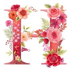 Obraz premium Elegant watercolor floral letter h illustration decorated with vibrant red pink and orange blossoming flowers