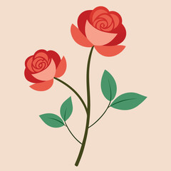 Two elegant red roses with green leaves flat vector illustration design.