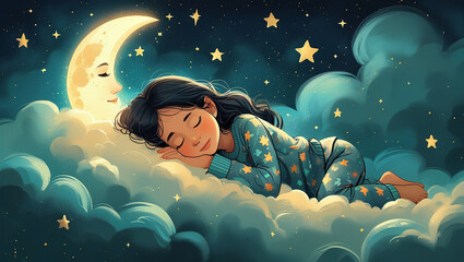 girl sleeping on the cloud, moon