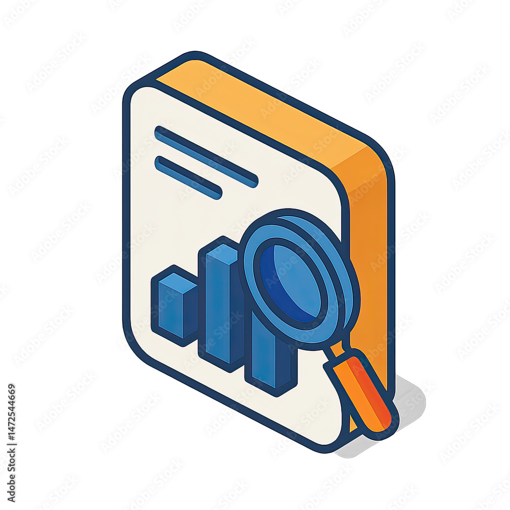 Poster isometric illustration of data analysis report with magnifying glass for business analytics and rese