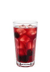 A refreshing berry beverage with ice cubes, served in a glass against a dark background
