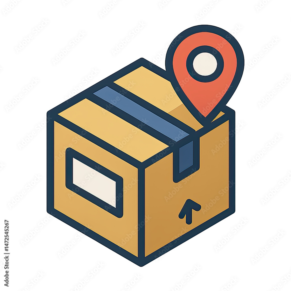 Poster delivery tracking location pin on cardboard box package showing delivery status