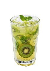 Refreshing kiwi mojito in glass with ice, mint. Light and clear liquid. Sliced kiwis
