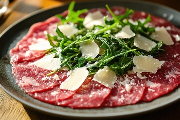 Fresh beef carpaccio topped with arugula and shaved cheese on a rustic wooden table
