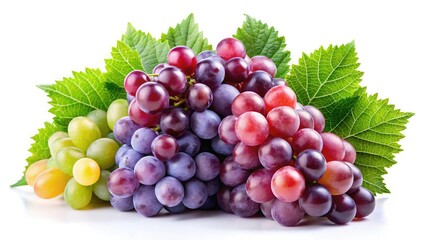 Fototapeta premium Freshly picked variety of grapes displayed with lush green leaves on a white background