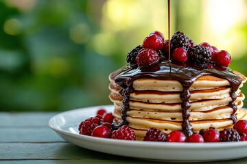 Delicious stack of pancakes topped with melted chocolate and fresh berries in bright sunlight
