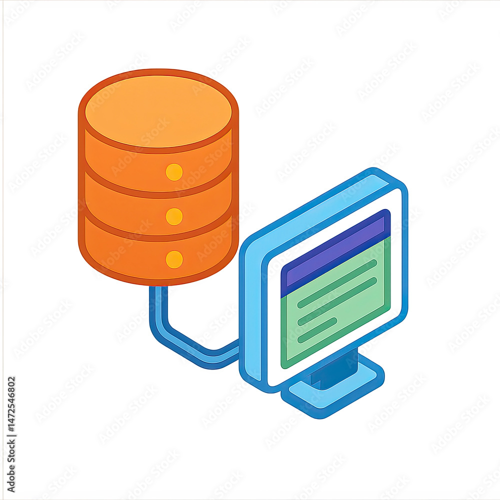 Poster database server connected to desktop computer data storage and retrieval illustration