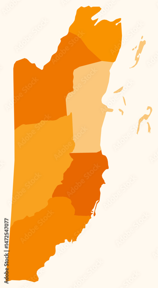 Poster map of belize with regions. just a simple country border map with region division. orange color pale