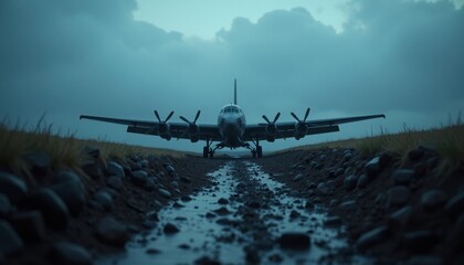 Airplane in Mud Runway Under Gloomy Sky