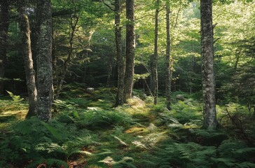 Obraz premium Sunlight filtering through forest trees in summer