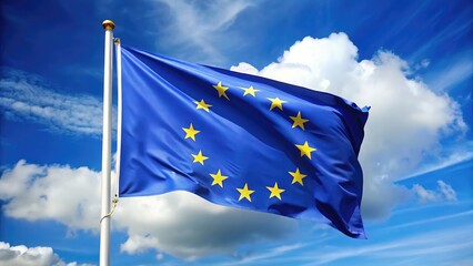 The european union flag waving against a beautiful blue sky with white clouds