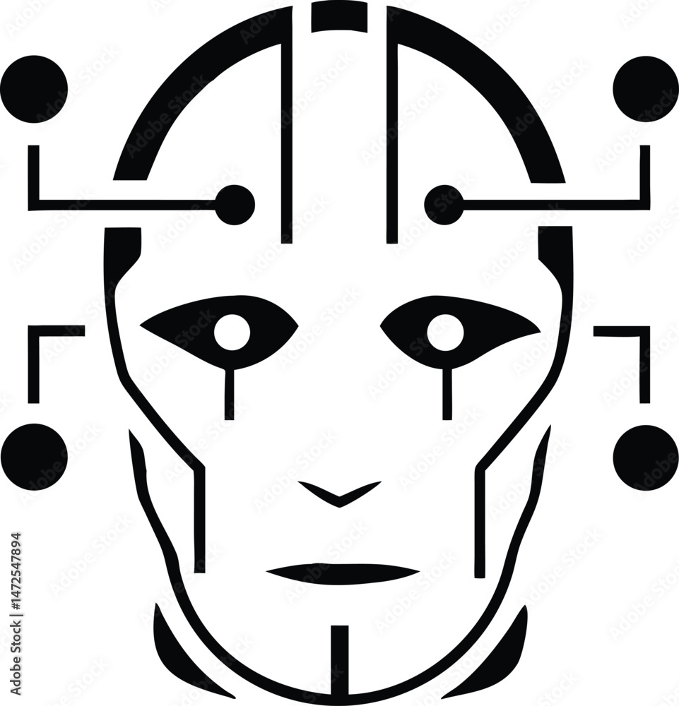 Poster simple silhouette of a robot head with futuristic face scan lines in vector