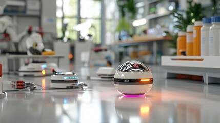 A futuristic, spherical robot in a modern laboratory setting, surrounded by other robotic devices and lab equipment.  It's sleek, reflective, and seems to be actively working