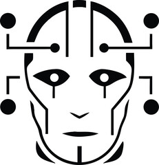 Simple silhouette of a robot head with futuristic face scan lines in vector
