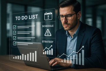 Digital to do list system displayed over man working on laptop, focusing on productivity, task management, and strategic planning for successful project execution in personal or business setting,