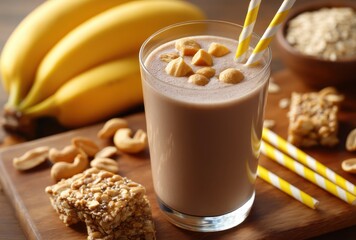 Creamy banana smoothie with nuts and granola bars on wooden table, healthy drink concept, breakfast idea, natural ingredients, food photography