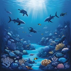 Obraz premium Ocean Depths Vibrant Coral Reef and Marine Life Illustration