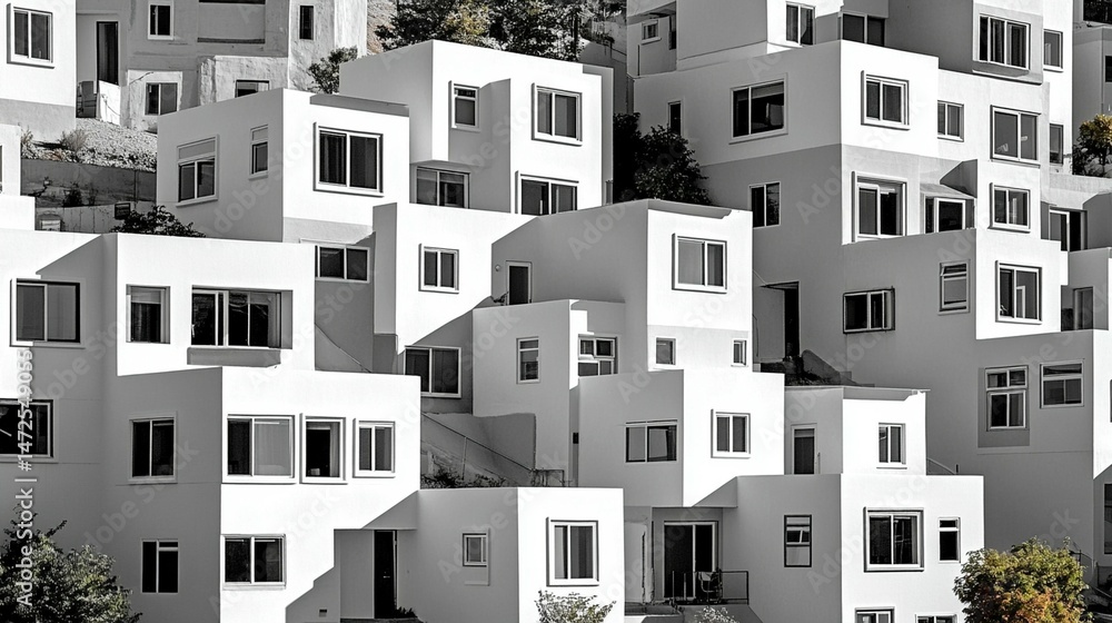 Poster a grayscale view of clustered, modern white buildings with many windows. shadows and varying buildin