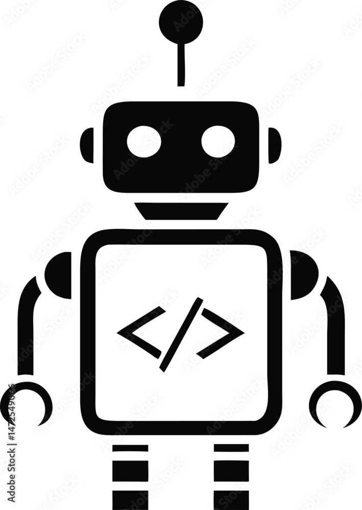 Poster transparent black silhouette of a robot with coding symbol icon illustrating artificial intelligence