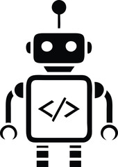 Naklejka premium Transparent black silhouette of a robot with coding symbol icon illustrating artificial intelligence