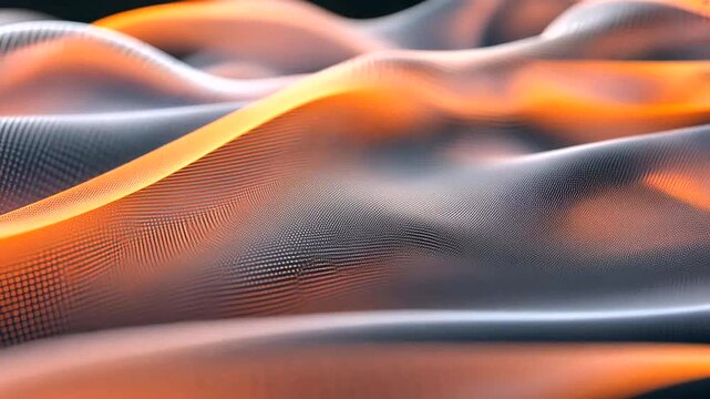 Dynamic, undulating mesh waves in glowing orange and dark grey, forming a textured, flowing, abstract digital surface