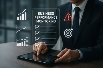 Checklist business performance monitoring concept, Business using tablet online survey filling out check digital form task, online survey question form, target marketing planning with quality control 
