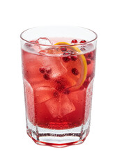 Refreshing red drink in glass with ice, berries, and citrus slice. Cool and inviting!