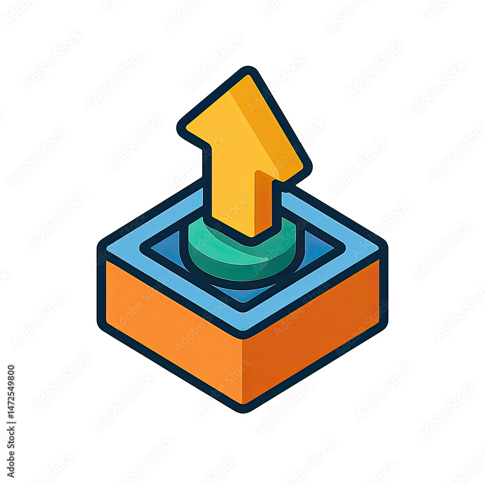 Poster isometric 3d upload button icon design a vibrant yellow arrow pressing a teal button inside an orang
