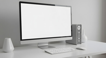 Fototapeta premium Modern Computer Setup on White Desk with Decorative Accents