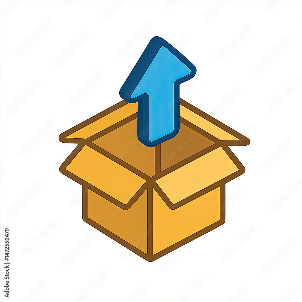 Poster upload icon a blue arrow rising from an open cardboard box symbolizing online data transfer or packa