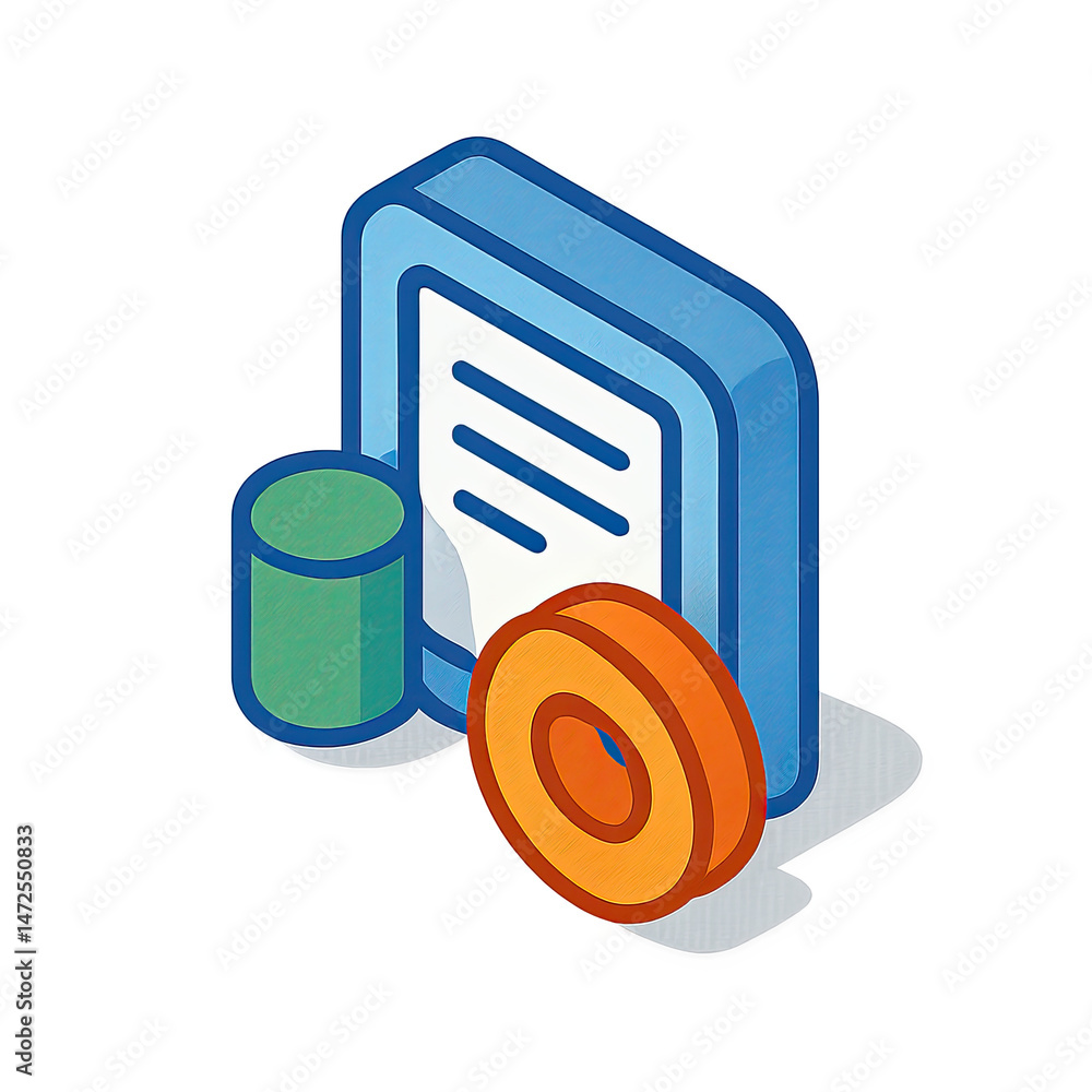 Poster isometric illustration of database document and disk representing data storage and management