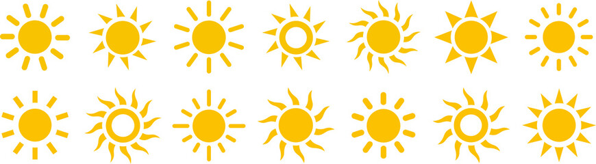 Yellow sun icon set, sunshine and solar glow, sunrise or sunset. Decorative circle full and half sun and sunlight.