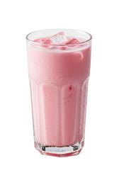 Refreshing pink drink with ice cubes in a clear glass. A sweet and chilled beverage