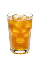 Refreshing amber liquid with ice cubes in a glass, on dark backdrop, cool and thirst-quenching