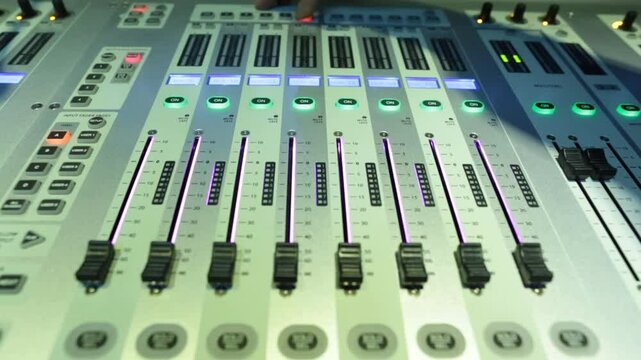 Close-up of a professional digital audio mixing console. Motorized faders move automatically, with illuminated buttons and colorful LED track lights indicating channel status and levels.

