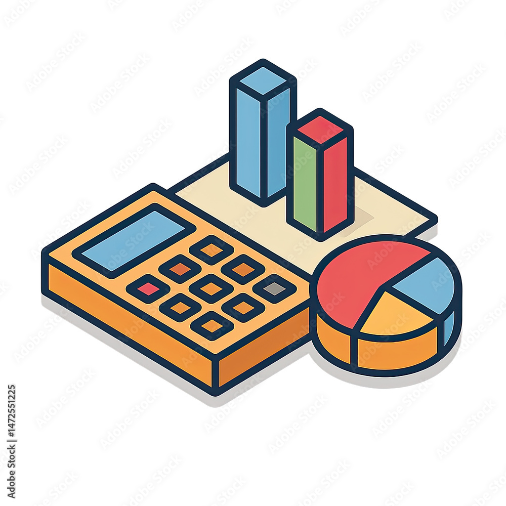 Aufkleber isometric illustration of calculator bar graph and pie chart for business data analysis