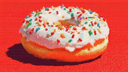 Whimsical digital pixel art depicting a delicious donut topped with colorful sprinkles and glowing icing for fun appeal