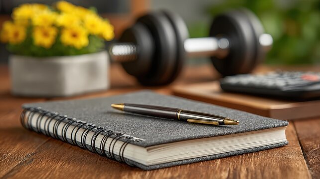 Organized notebook and pen on a clean table ready for writing down daily weight loss goals and health tracking